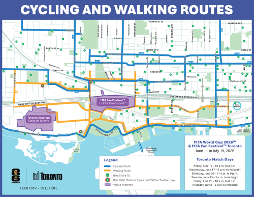 A map showing recommended walking and cycling routes to get to Toronto Stadium and FIFA Fan Festival.