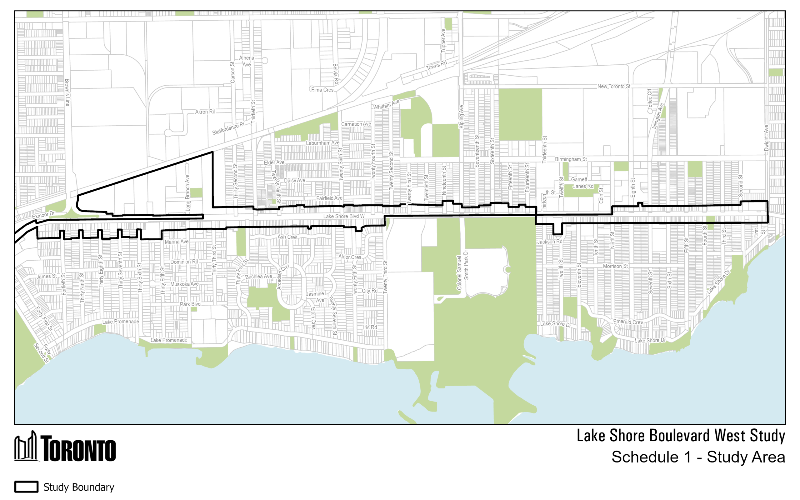 Lake Shore Boulevard West Study Area, generally bounded by Etobicoke Creek and Dwight Avenue.