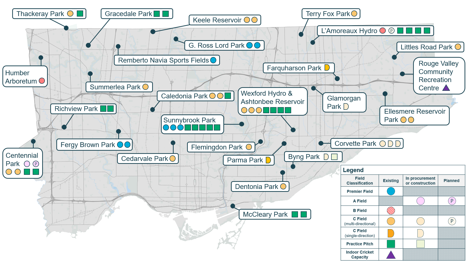 Map of existing and planned cricket facilities in Toronto. 