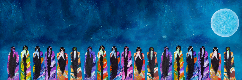 Artwork showing Indigenous women in colourful traditional dresses and feathers in their hair facing a starry sky and bright moon.