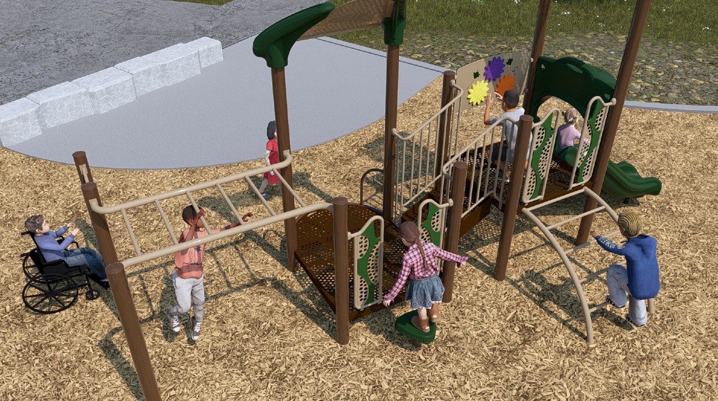 A rendering of the junior play structure from Playground Design C looking towards the northwest. From left to right the structure includes a chin up bar, an overhead climbing option, a roof for shade, a transfer station, a step pod, steps, an activity play panel, a climbing option, and a double slide. The structure is shown in green, beige, and brown