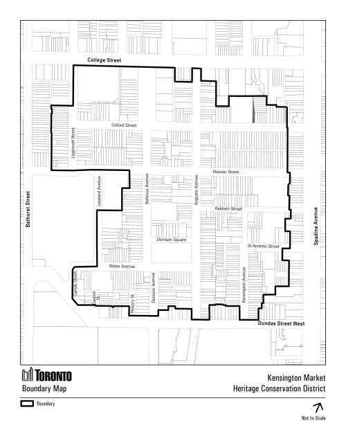 A black and white property map of the Kensington Market Area with the boundary of the proposed Kensington Market Heritage Conservation District outlined in a thick black line.