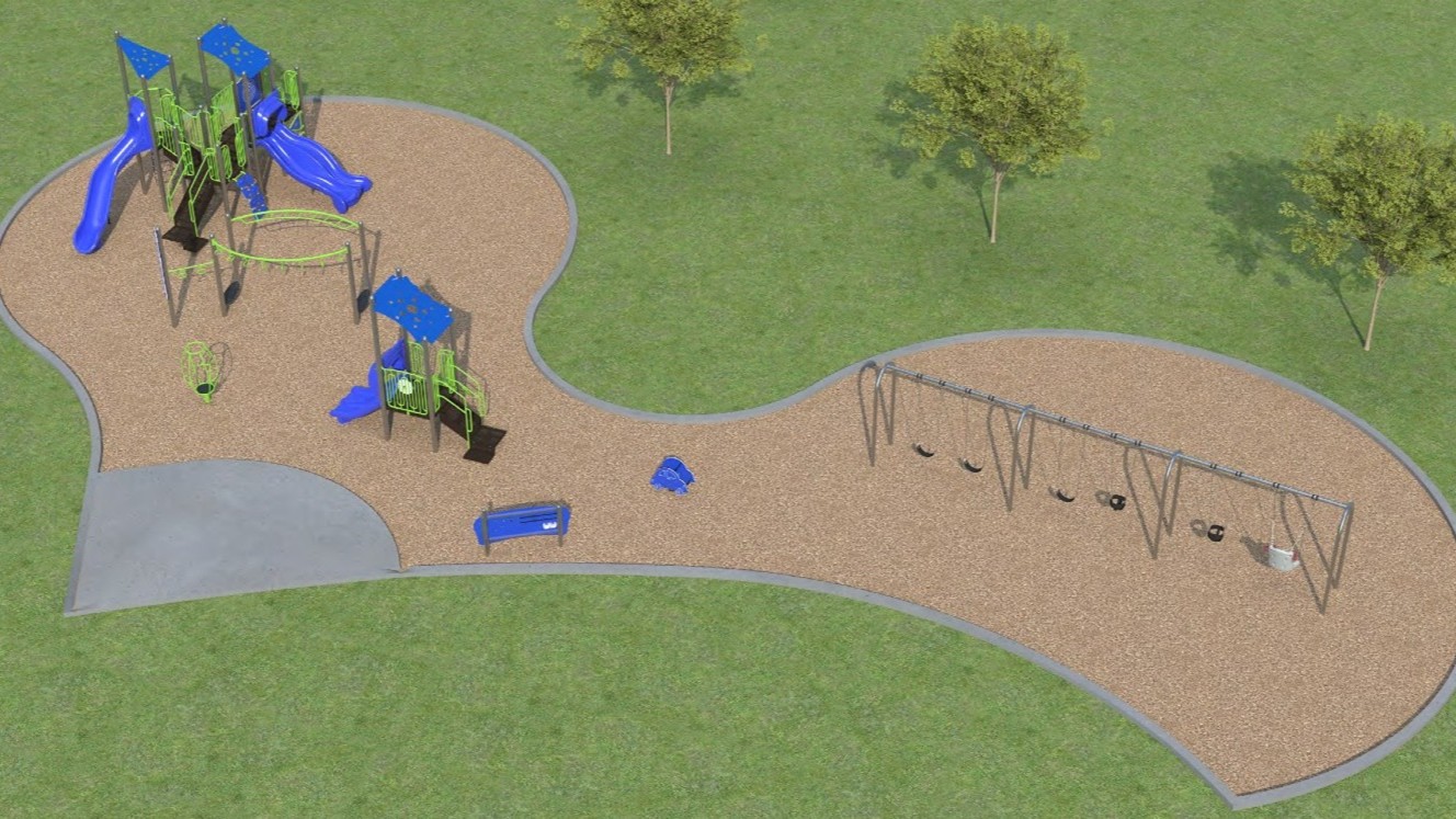 A rendering of Playground Design A looking towards the east. From left to right the design includes a senior play structure, a climbing structure, a spinning toy, a junior play structure, a freestanding activity play panel, a spring rider and a swing set. The structures are shown in blue, green, grey and brown.