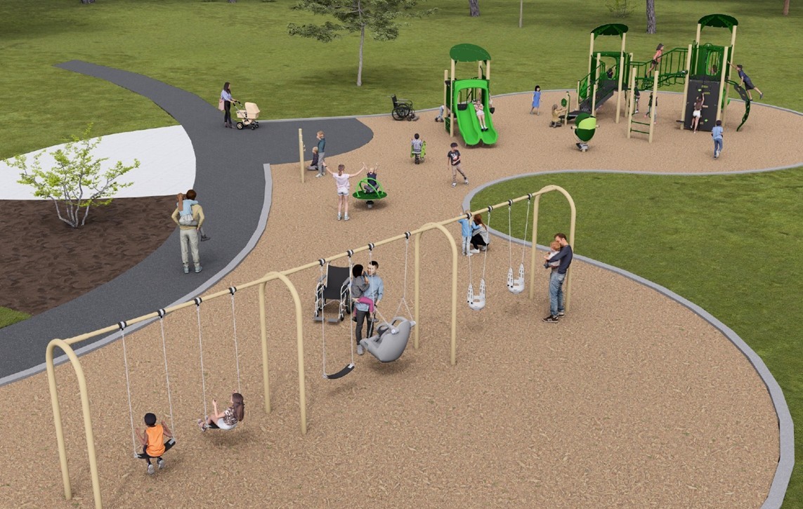 A rendering of Playground Design B looking towards the northwest. From left to right the design includes a swing set, a freestanding activity play panel, a spinning toy, a spring rider, a junior play structure, a rocking toy, and a senior play structure. The structures are shown in light green, dark green, beige, and grey.