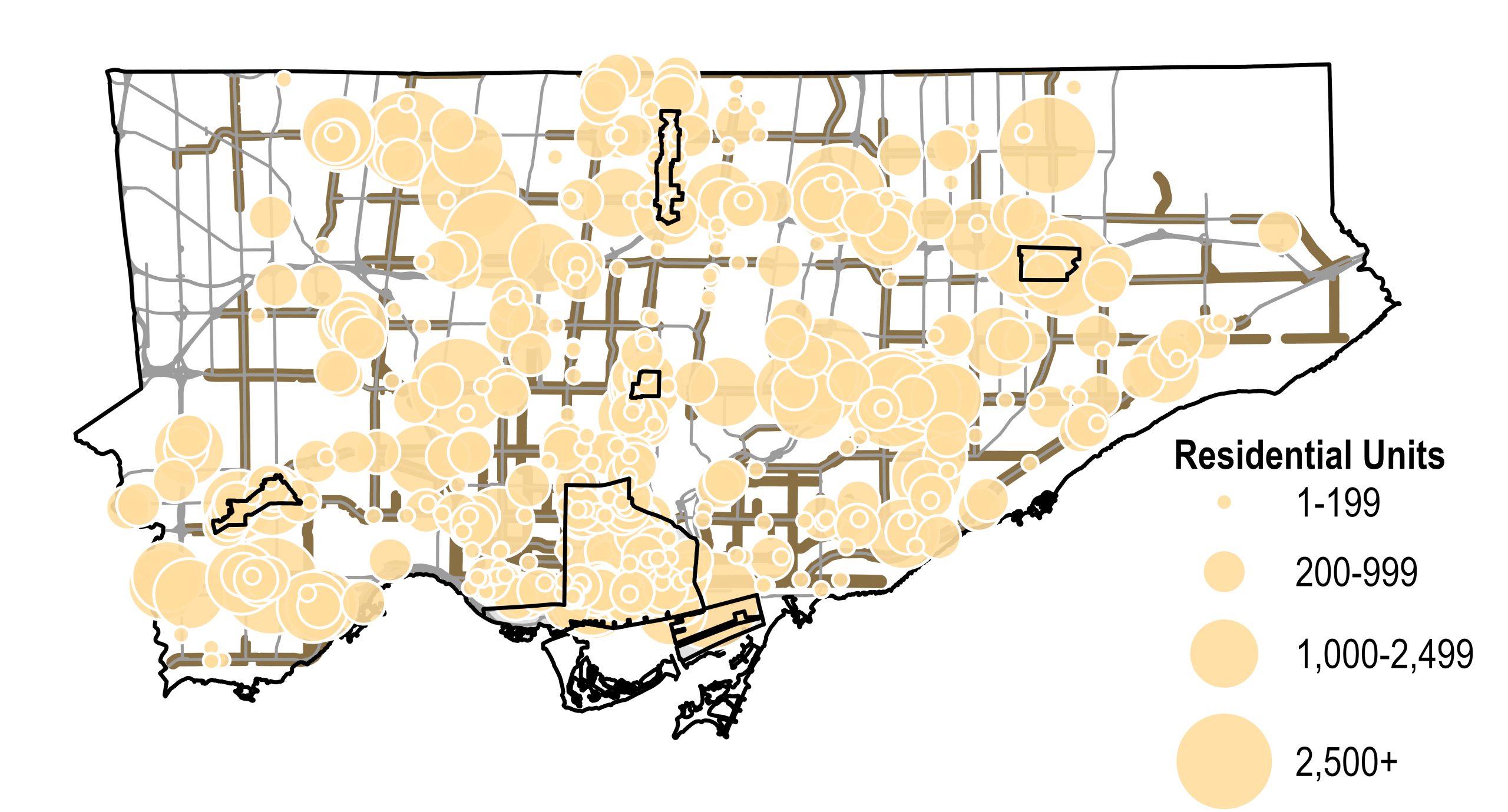 A map of Toronto showing the distribution of approved residential units represented by light orange circular symbols of varying sizes. Larger circles indicate higher numbers of approved units, with four size categories shown in the legend: 1–199, 200–999, 1,000–2,499, and 2,500 or more units. Approved units are widely distributed across the city, with larger clusters concentrated downtown, and along major transit corridors. Black outlined areas highlight specific focus locations within the city: Downtown and the Central Waterfront, the four Centres: Yonge Eglinton Centre, North York Centre, Etobicoke Centre and Scarborough Centre.