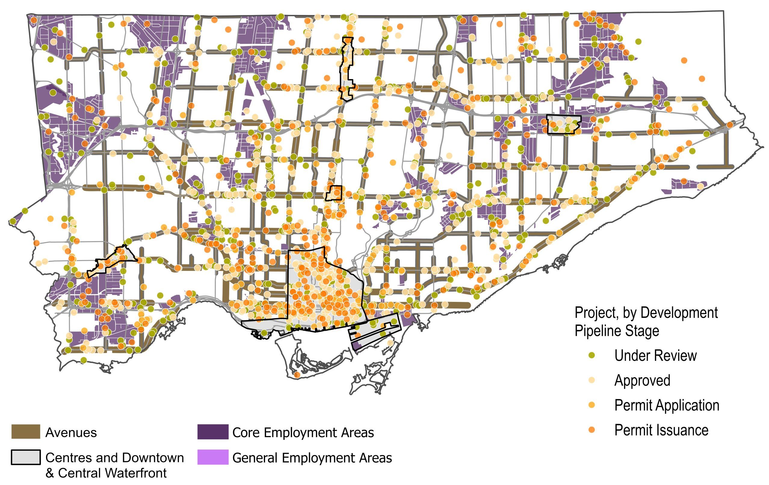 A map of Toronto that shows the spatial distribution of projects in the Development Pipeline across the city. Coloured circular markers represent individual projects, overlaid on a street network, major corridors, and designated land-use areas. Marker colours indicate development pipeline stage: green for “Under Review,” light orange for “Approved,” yellow-orange for “Permit Application,” and dark orange for “Permit Issuance". Thick brown lines highlight corridors designated Avenues, while black outlined shapes identify the Centres and Downtown & Central Waterfront areas. Purple and light purple shaded areas indicate Core Employment Areas and General Employment Areas, respectively.