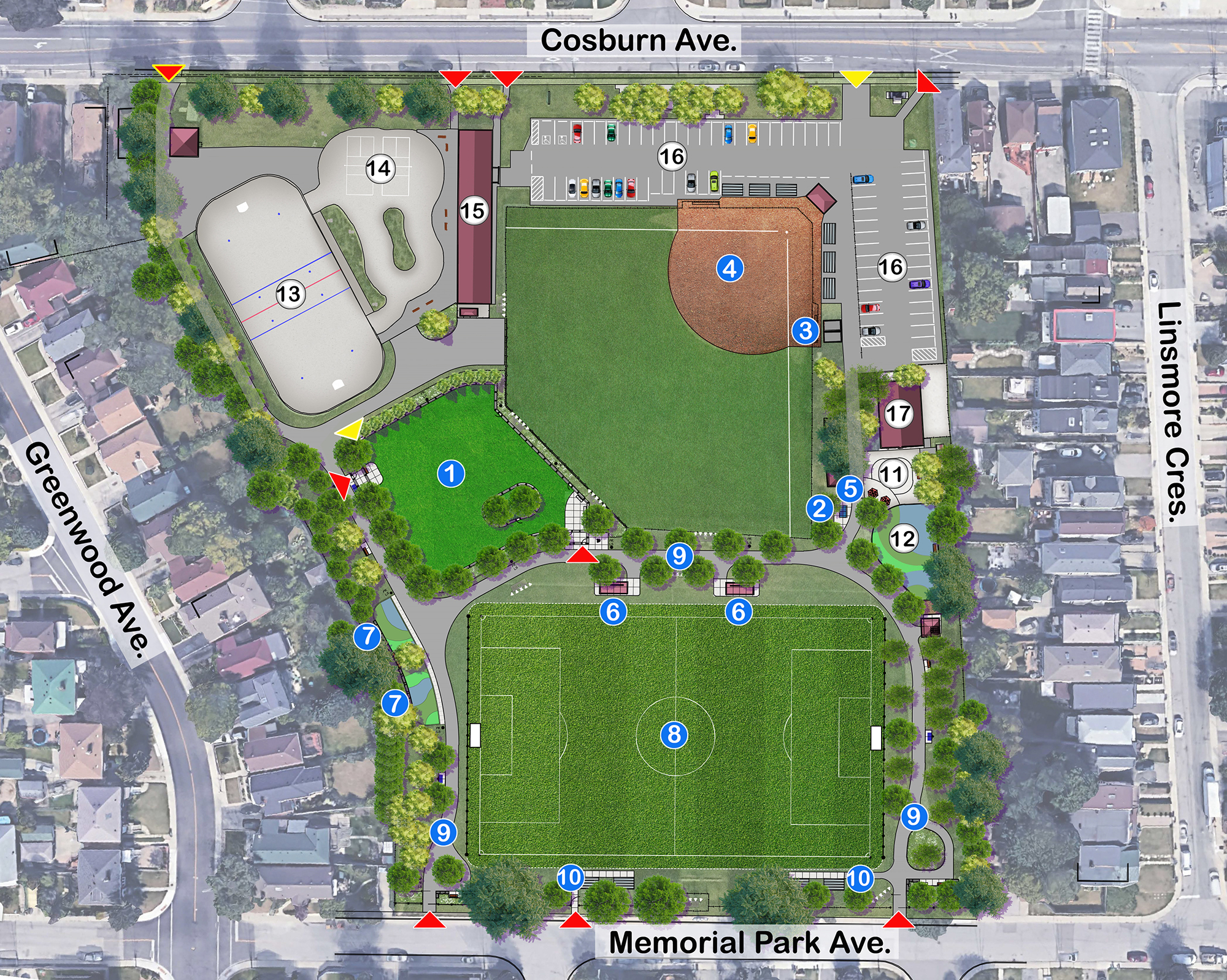 Site plan for the wider park improvements at Dieppe Park with numbers that correspond to the list of features after the image. The park is bounded by Cosburn Avenue to the north, Lismore Crescent to the east, Memorial Park Avenue to the south and Greenwood Avenue to the west. Coloured triangular markers indicate pedestrian and vehicle entrances along the perimeter of the park.