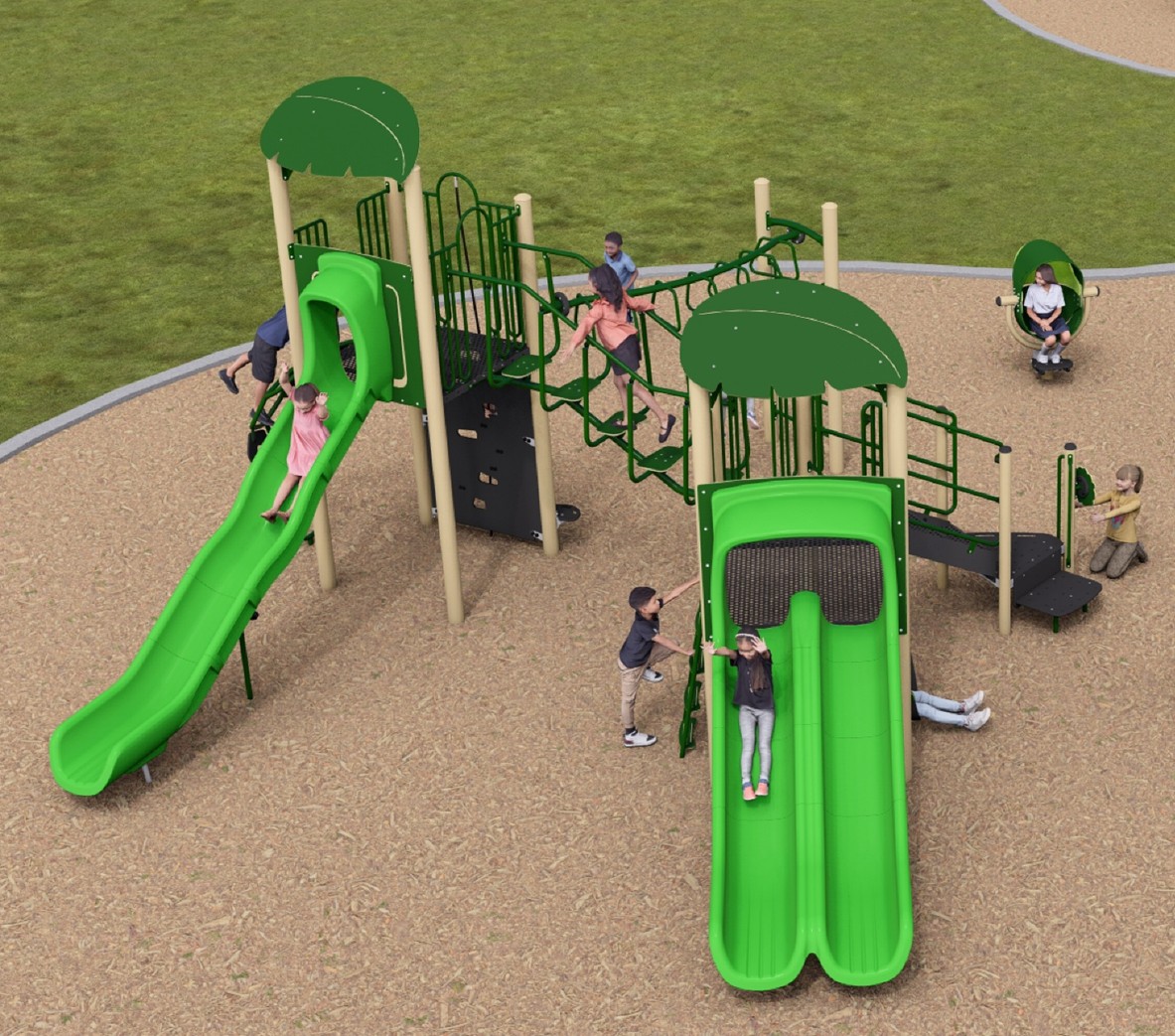 A rendering of the senior play structure from Playground Design B looking towards the southeast. From left to right the structure includes a climbing option, slide, a climbing wall option, a bridge climbing option, an overhead climbing option, a roof for shade, a climbing option, a double slide, a transfer station, and a wheel activity. The structure is shown in light green, dark green, beige, and grey.