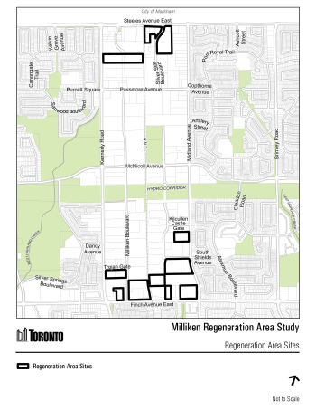 Map of the multiple regeneration area sites of the Milliken Regeneration Area Study, highlighted with bold black outlines along the south side of Steeles Avenue East, north of Finch Avenue East, west of Midland Avenue and east of Kennedy Road. A smaller cluster appear near Steeles Avenue East and Passmore Avenue, while a larger cluster of sites is concentrated near Finch Avenue East and Silver Springs Boulevard.