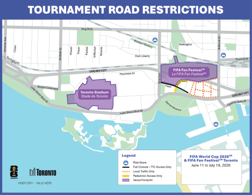 A map of the area around Toronto Stadium and FIFA Fan Festival near Lake Shore Blvd. West between Bathurst Street and Jameson Ave. Several roads are marked with orange dotted lines indicating "local traffic only" from June 11 to July 19. Accessibility Support: If you require this information in an alternative format or need assistance interpreting this map, please contact Anu Saini who works for Transportation Services at the City of Toronto at 416-392-7482.