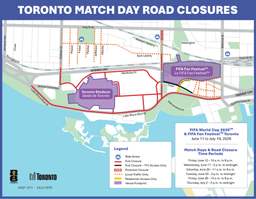 A map of the area around Toronto Stadium and FIFA Fan Festival between Lake Shore Blvd. West and King Street and between Bathurst Street and Jameson Ave. Several roads are marked with orange dotted lines indicating "local traffic only" and red solid lines indicating "full closure) on match days listed from June 11 to July 19. Accessibility Support: If you require this information in an alternative format or need assistance interpreting this map, please contact Anu Saini who works for Transportation Services at the City of Toronto at 416-392-7482.