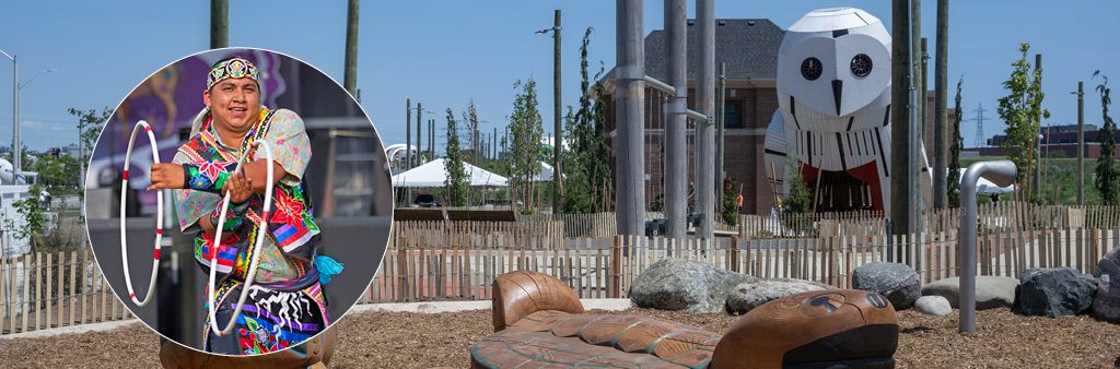 Hoop dancer inset on a background of a playground with a turtle and owl structure