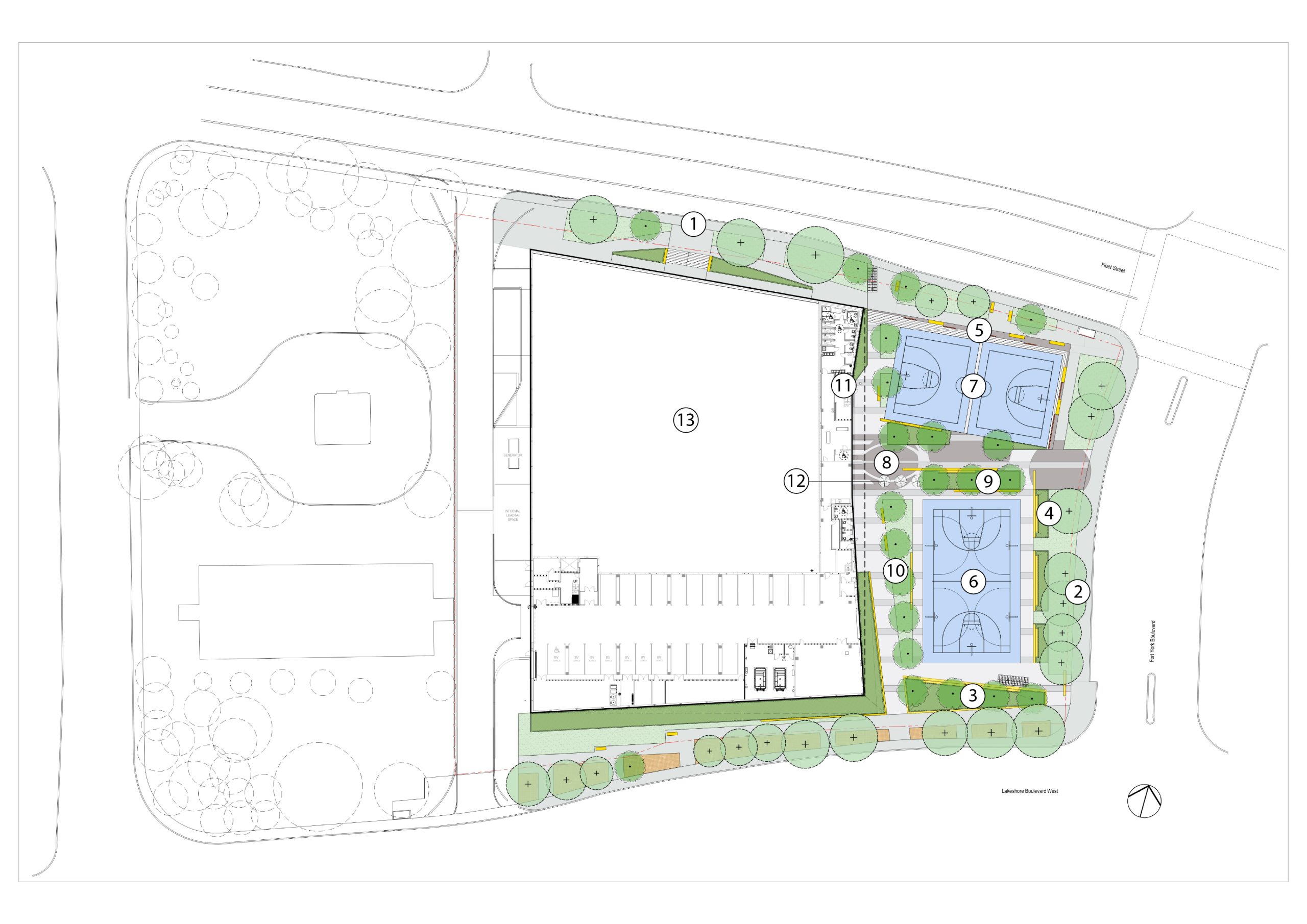 Site plan of the proposed design for the new park at The Gore, adjacent to the Toronto Tempo practice facilities. The plan is labelled with numbers that correspond to the list of features after the image.