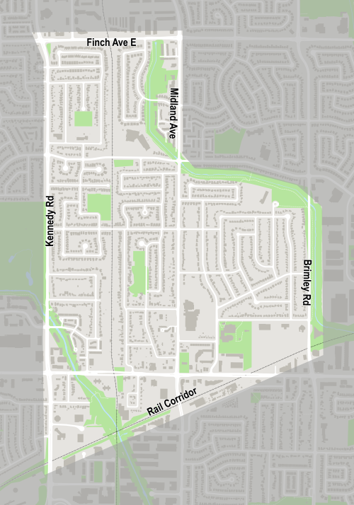 The West Agincourt Streets Plan project area is located between Finch Avenue (north), Midland Avenue, the East Highland Creek, and Brimley Road (east), the CPR rail corridor (south), and Kennedy Road (west).