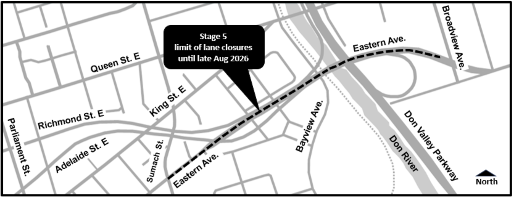 Map of work area along Adelaide Street and Eastern Avenue bridge. Please contact Maria Lippa by phone at 416-495-4214 or by email at EastAdelaideBrdg@morrisonhershfield.com