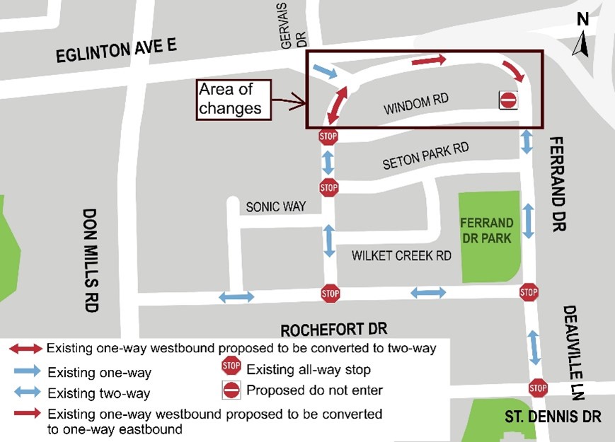 Map of Ferrand Drive area with travelling directions marked to show the proposed changes