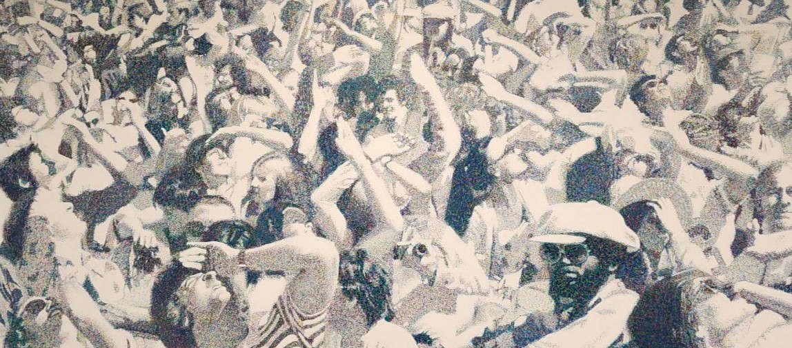 Painting by David Barnett of a large crowd looking up at sky
