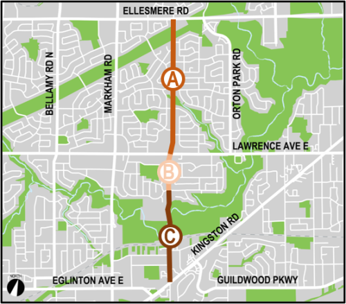Map shows project area segments along Scarborough Golf Club Road between Ellesmere Road and Kingston Road