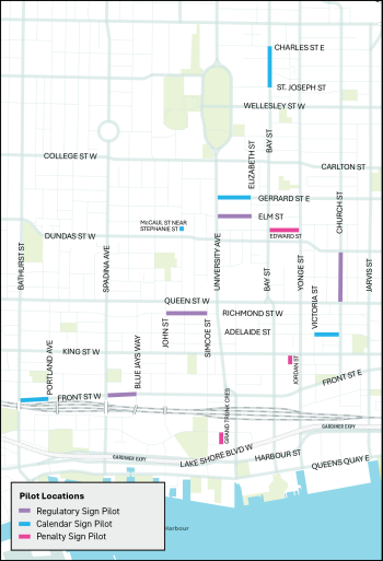 Map of the Regulatory, Calendar and Penalty Sign Pilots across the downtown core. If you require additional assistance reading this map, please contact parkingsignpilot@toronto.ca.