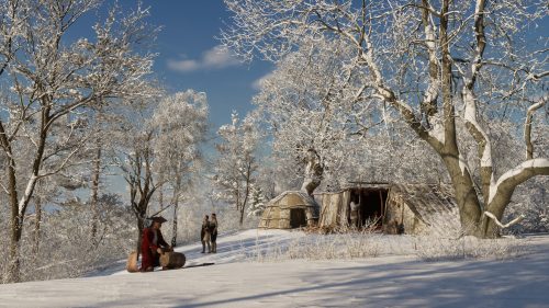 Illustration of person sitting on toboggan in snow in front of Indigenous huts