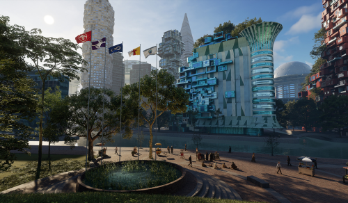 Illustration of futuristic city scene. There are high rises, a canal, pedestrians walking and sitting on brick pathways, trees, and a round water feature
