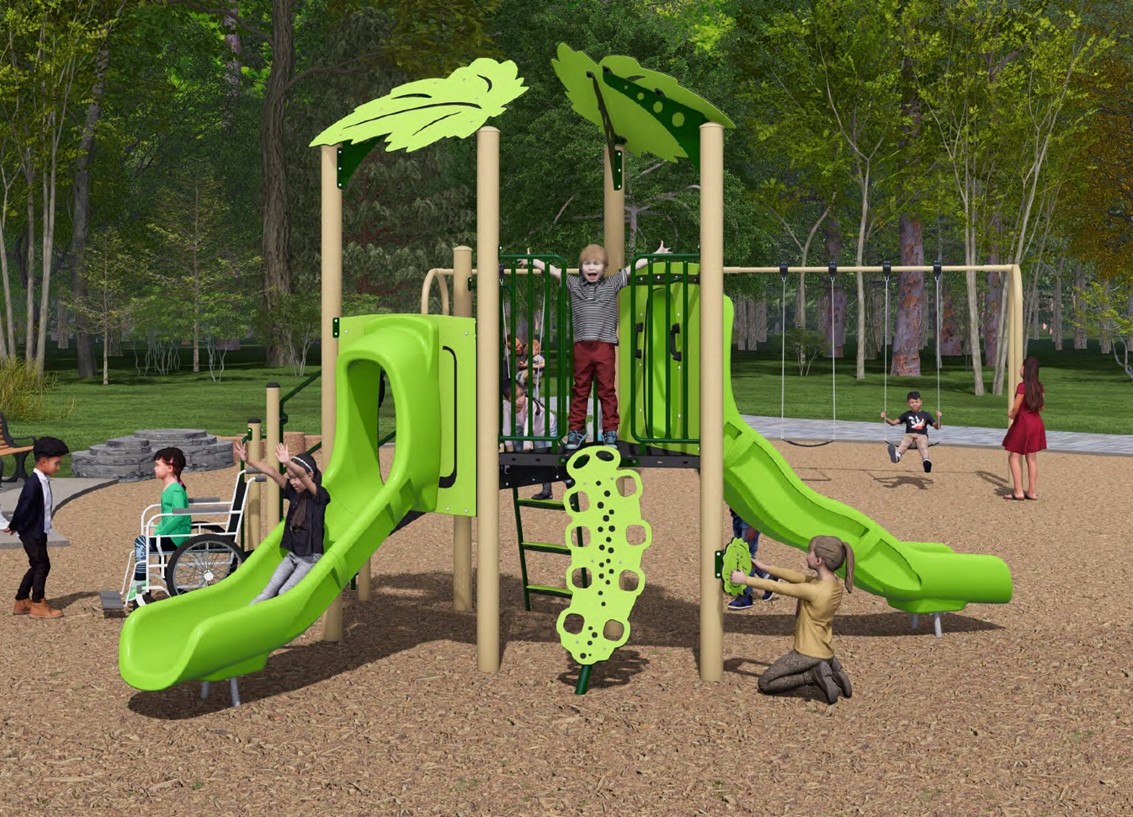 A rendering of the junior play structure from Playground Design C looking towards the northeast. From left to right the structure includes a transfer station, a slide, two leaf roofs, two climbing options, a wheel activity panel, and a wave slide.