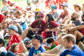 Audience members seated on grass