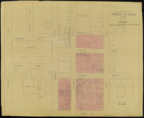 Image depicts hand drawn plan of central Toronto, bounded by University Avenue, Queen, Yonge and Dundas street.
