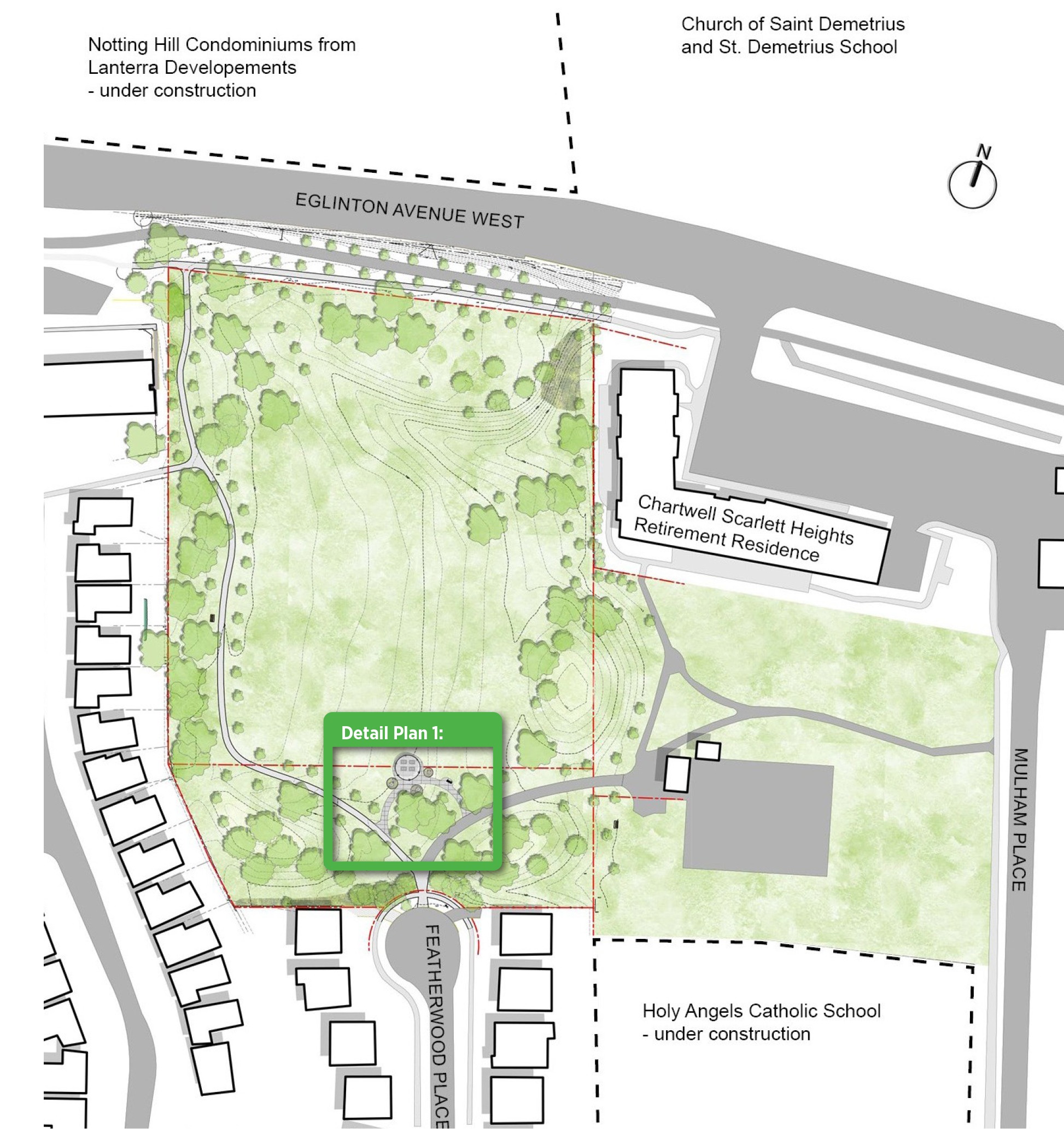 Overhead map view of entire park with an outline at south end of park showing where the location of park improvements is. Outline is labelled with Detail Plan 1.