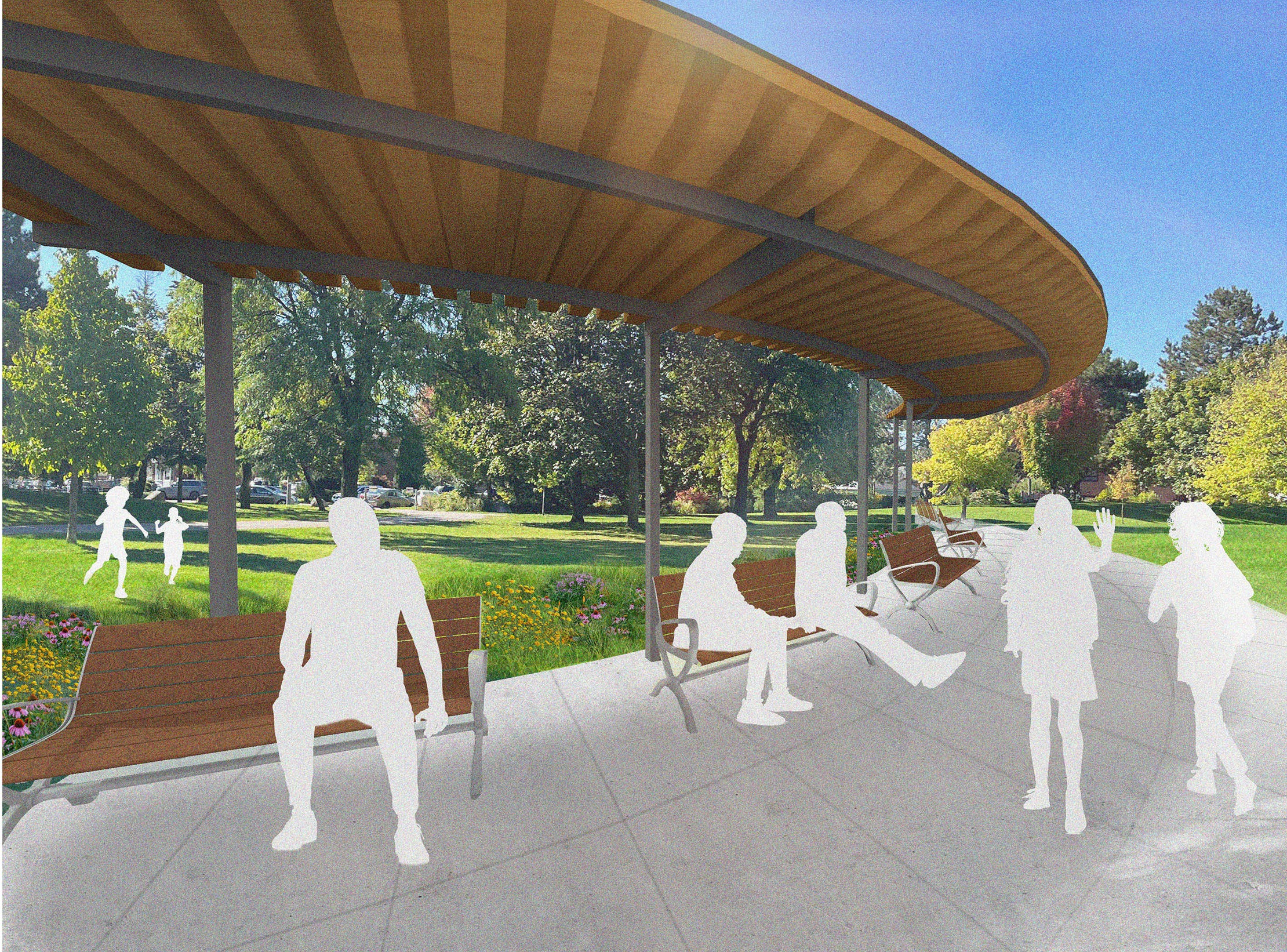 View from within the plaza, with curved shade structure, people sitting on benches under the shade structure, and planting beds behind it. The open grass field is behind it.