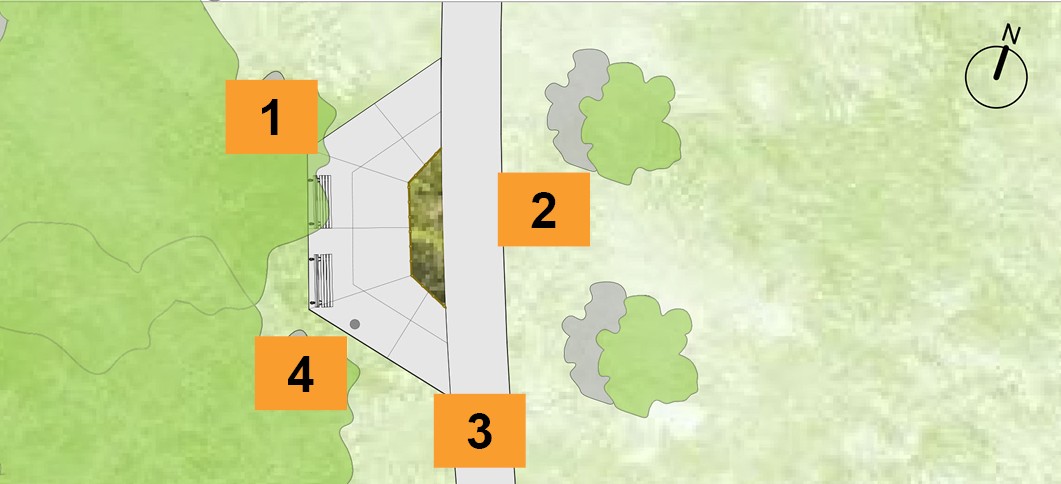 Site plan showing a small plaza on west side of park next to existing pathway. There are two benches, a planting bed in front, and information signage next to one of the benches.
