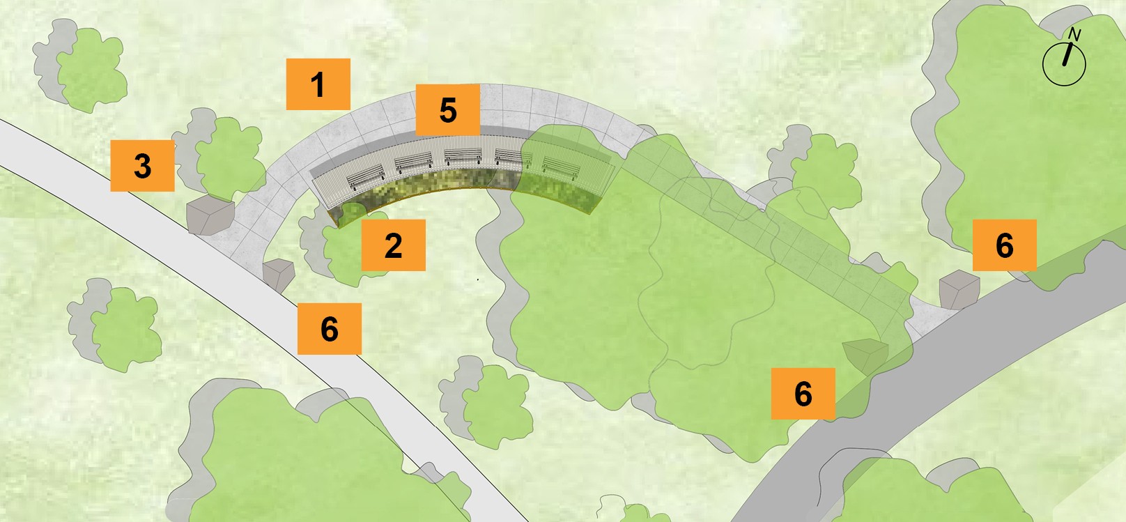 Site plan showing a new pathway leading to a narrow plaza in the middle with a curved shade structure and benches, perennial planting bed next to it, and natural boulders on either side of the entrances to the new pathway.