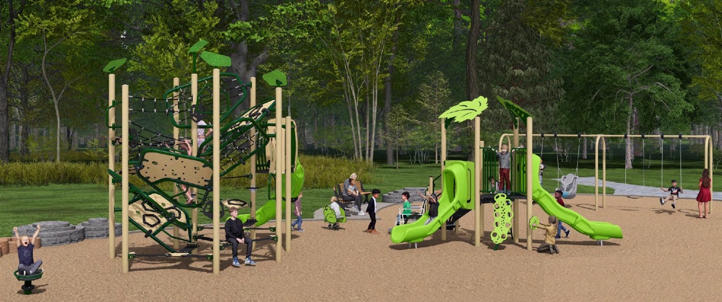 A rendering of Playground Design C looking towards the northeast. From left to right the design includes a seat spinning toy, a senior play structure, a spring rider, a junior play structure, and a swing set.