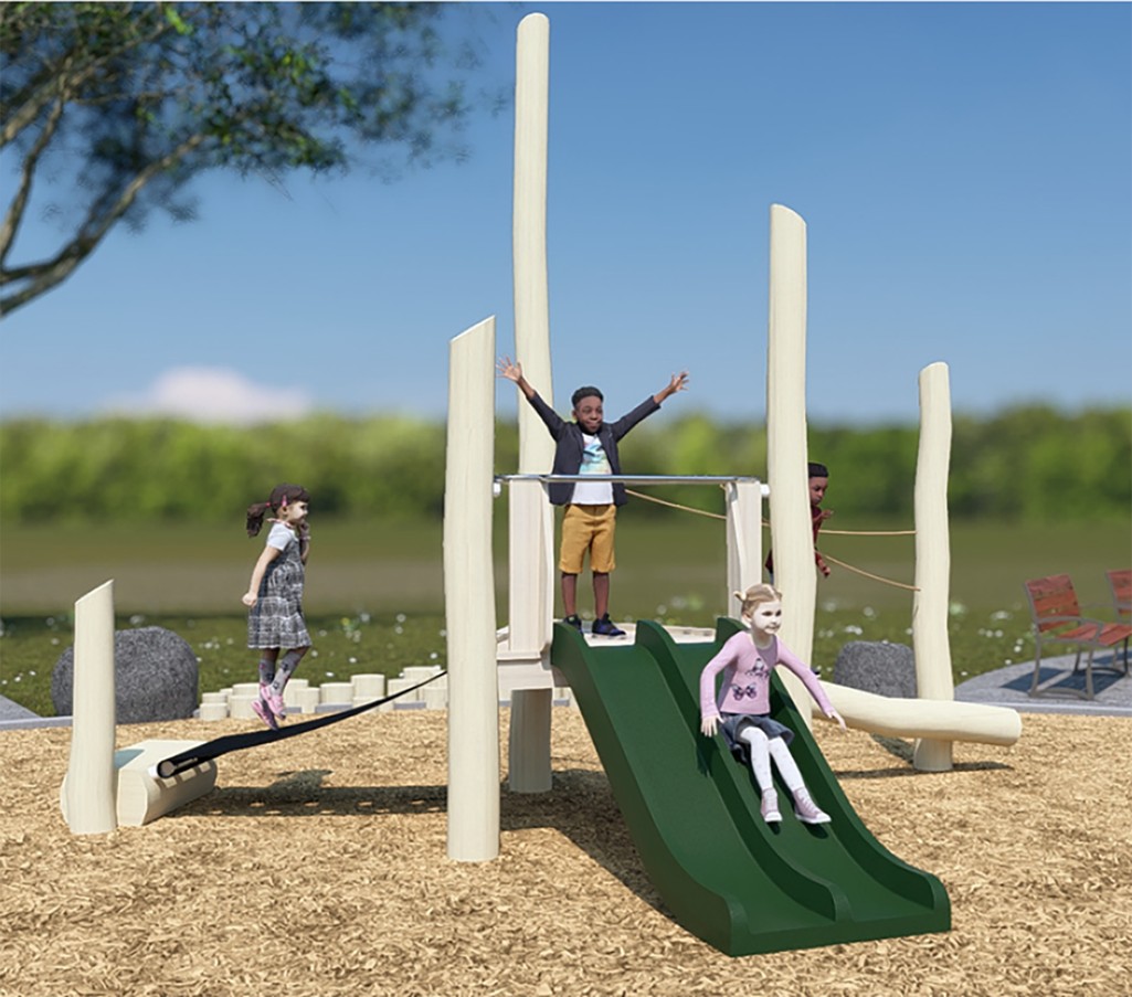 A rendering of the junior play structure from Playground Design B looking towards the north. From left to right the play structure includes a flexible strap climbing option, a double plastic slide, and a low wood post and rope climbing option.