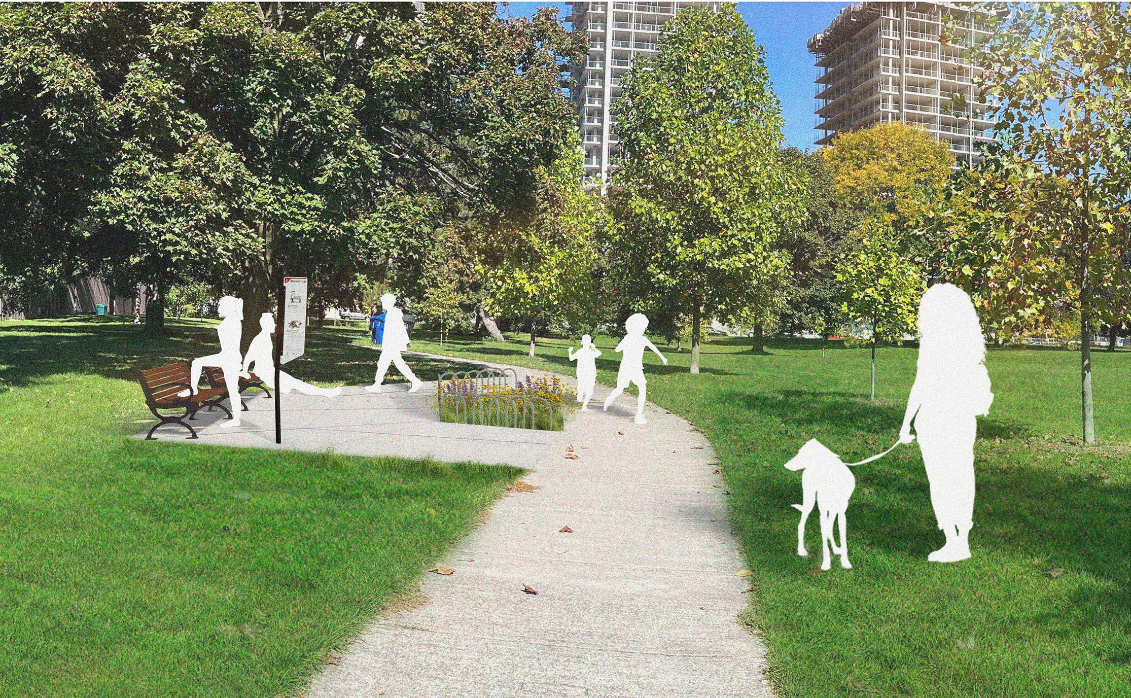 Rendering of small plaza on west side of park just off the existing pathway, with planting bed in front of a bench. People are doing bench fit exercises on the bench, with a sign next to it.
