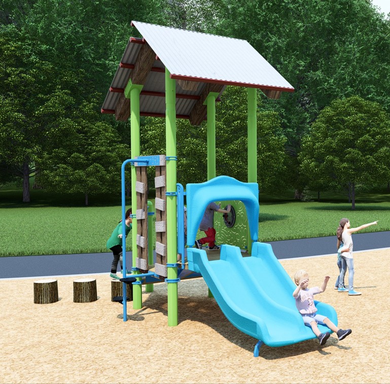 A rendering of the junior play structure from Playground Design A looking towards the southwest. From left to right the structure includes pine stumps, a climbing option, a double slide, and activity panels covered by a roof for shade.