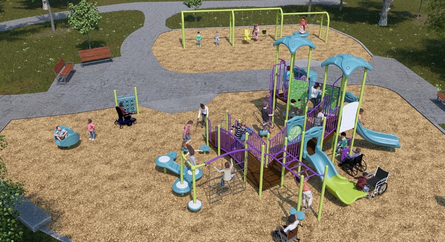 An aerial view of Playground Design C, from left to right, featuring a double sit-down spinner, play panel, main play structure and triple-bay swing set.