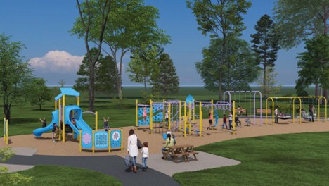A view of Playground Design B. From left to right, the playground offers a junior playground structure, activity panel, senior climbing circuit, a single-bay swing set and double-bay swing set.