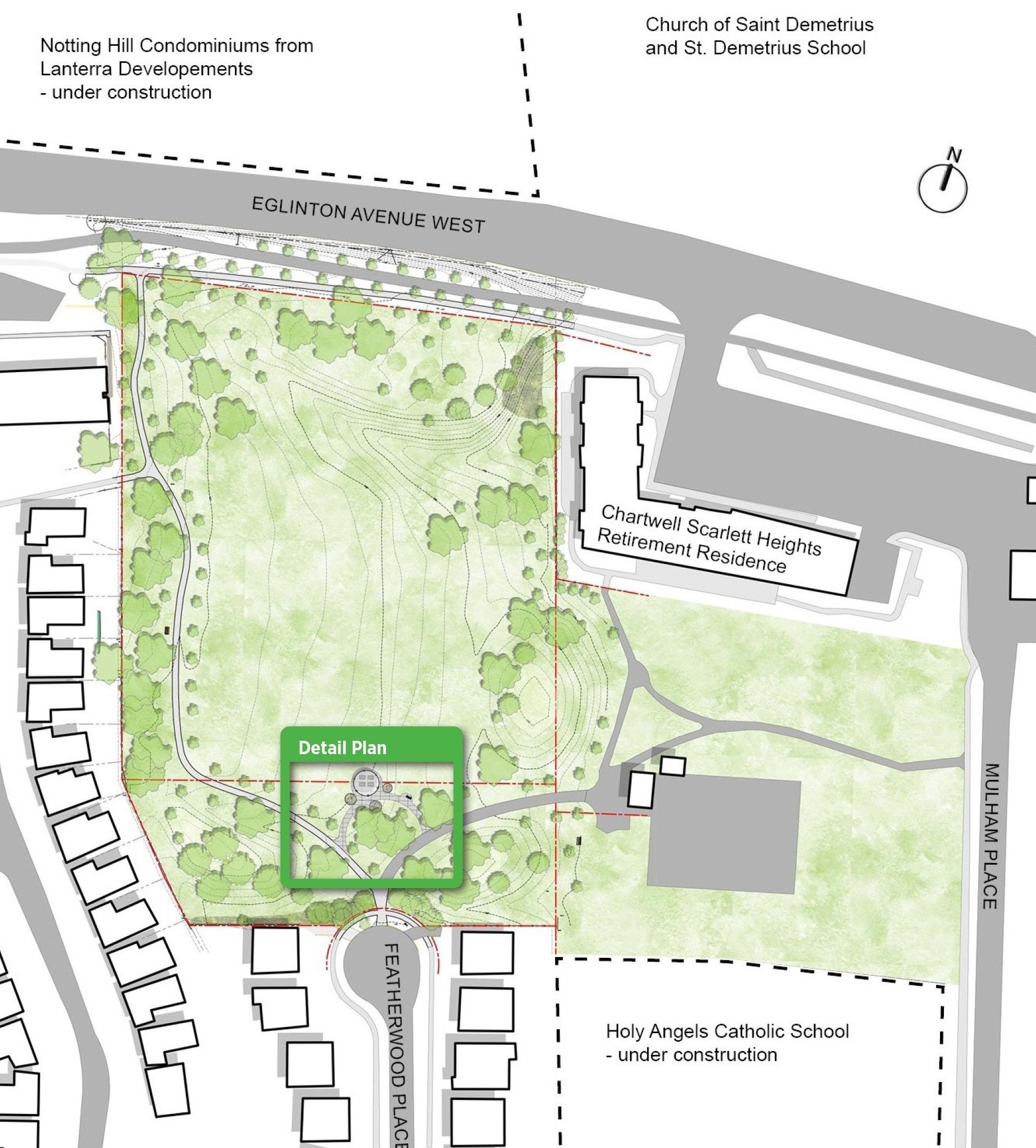 Overhead map view of entire park with an outline at south end of park showing where the location of park improvements is. Outline is labelled with Detail Plan.