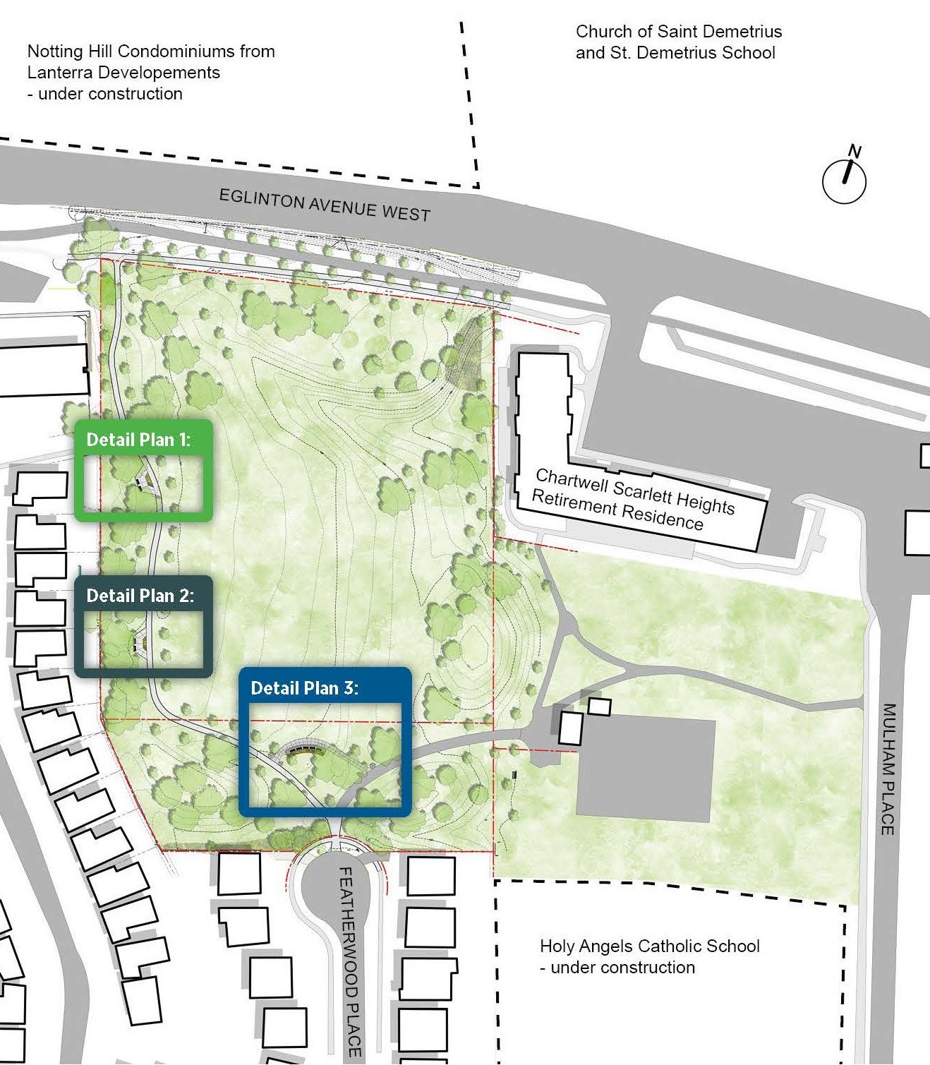 Overhead map view of entire park with 3 outlined showing where the location of park improvements are. Detail Plan 3 is at south end. Detail Plan 1 is just north of Detail Plan 2, with both located along the existing pathway to the west.