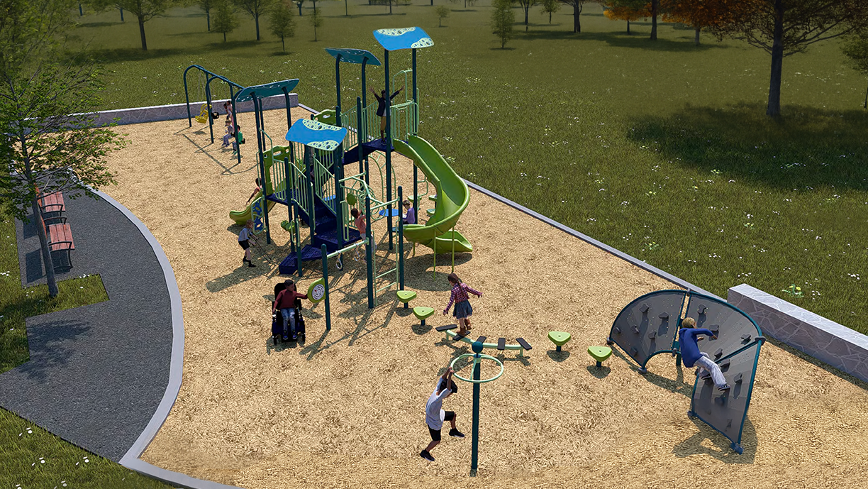 A rendering of Playground Design C. From left to the right it includes a swing set, a combined junior and senior play structure with spiral and wave slides, stepping pods, play panels, duo spinner and twisted climber.