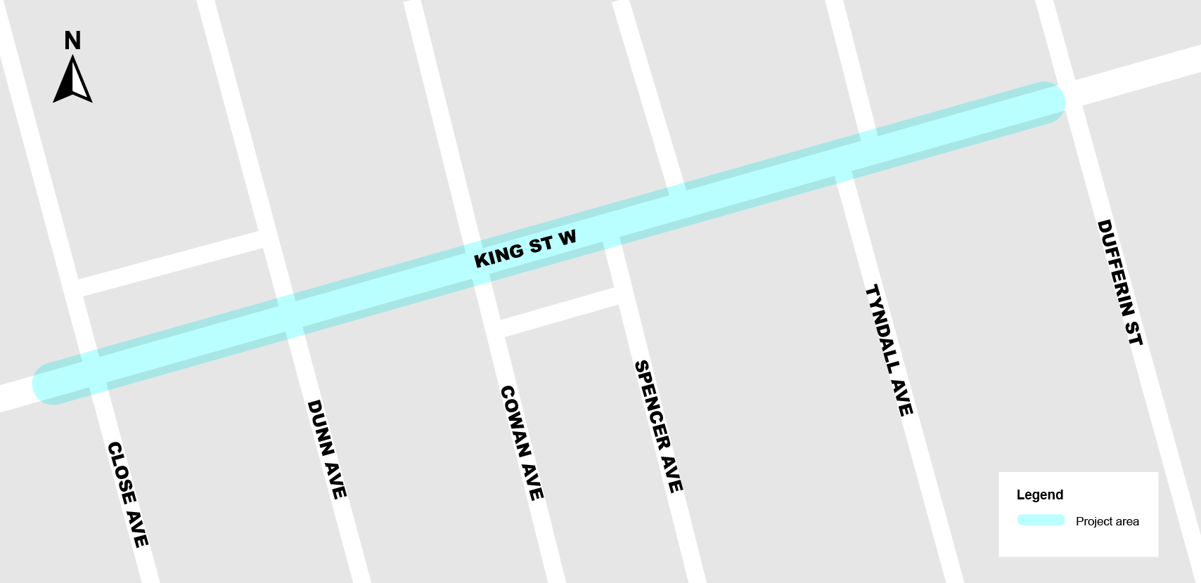 Map of the work area is along along King Street between Dufferin Street and Close Avenue. Please contact Mark De Miglio at 416 395 7178 or email kingclose@toronto.ca