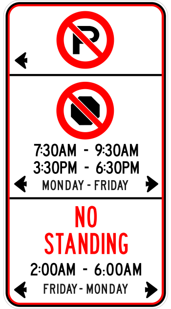 Regulatory parking sign indicating No Parking to the left, No Stopping Monday–Friday from 7:30–9:30 a.m. and 3:30–6:30 p.m. in both directions, and No Standing Friday–Monday from 2:00–6:00 a.m. in both directions.
