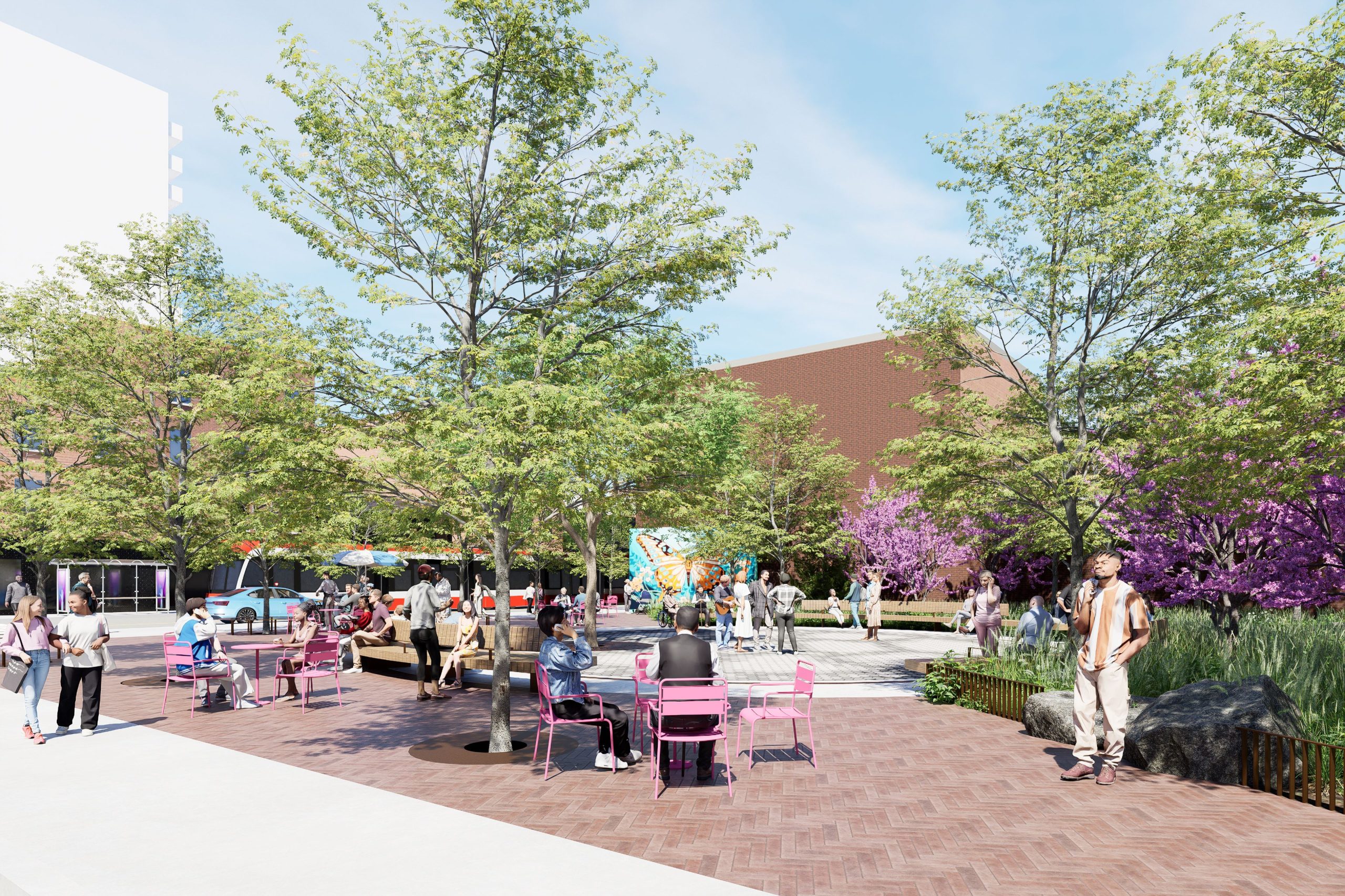 Rendering of the preferred design showing the edge from Augusta Avenue, with table seating and native trees and plants in the background.