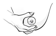 thumb and first two fingers along the outer edge of areola