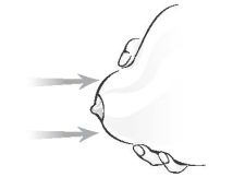 thumb and two fingers on breast and push toward chest