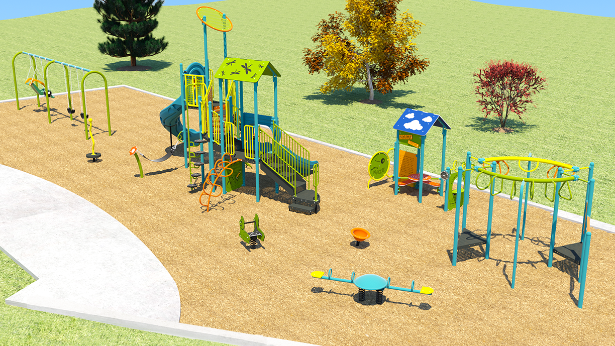 A rendering of Playground Design A for Oak Street Park. From left to right: accessible swing set, standing spinner toy, a junior and senior play structure with curved slide and double slides, play panels, spring toy, teeter-totter and overhead climber.
