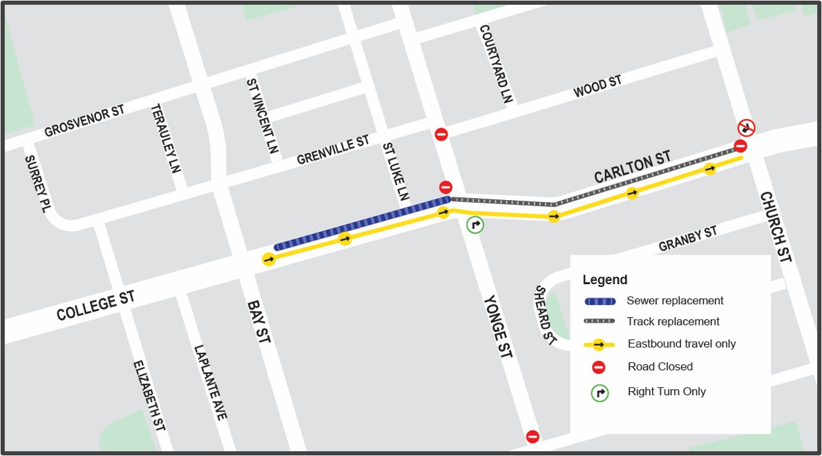 Map of the work area is along College Street and Carlton Street from just west of Bay Street to Church Street to the east. Please contact Mark De Miglio at mark.demiglio@toronto.ca or call 416 395 7178 for more information.