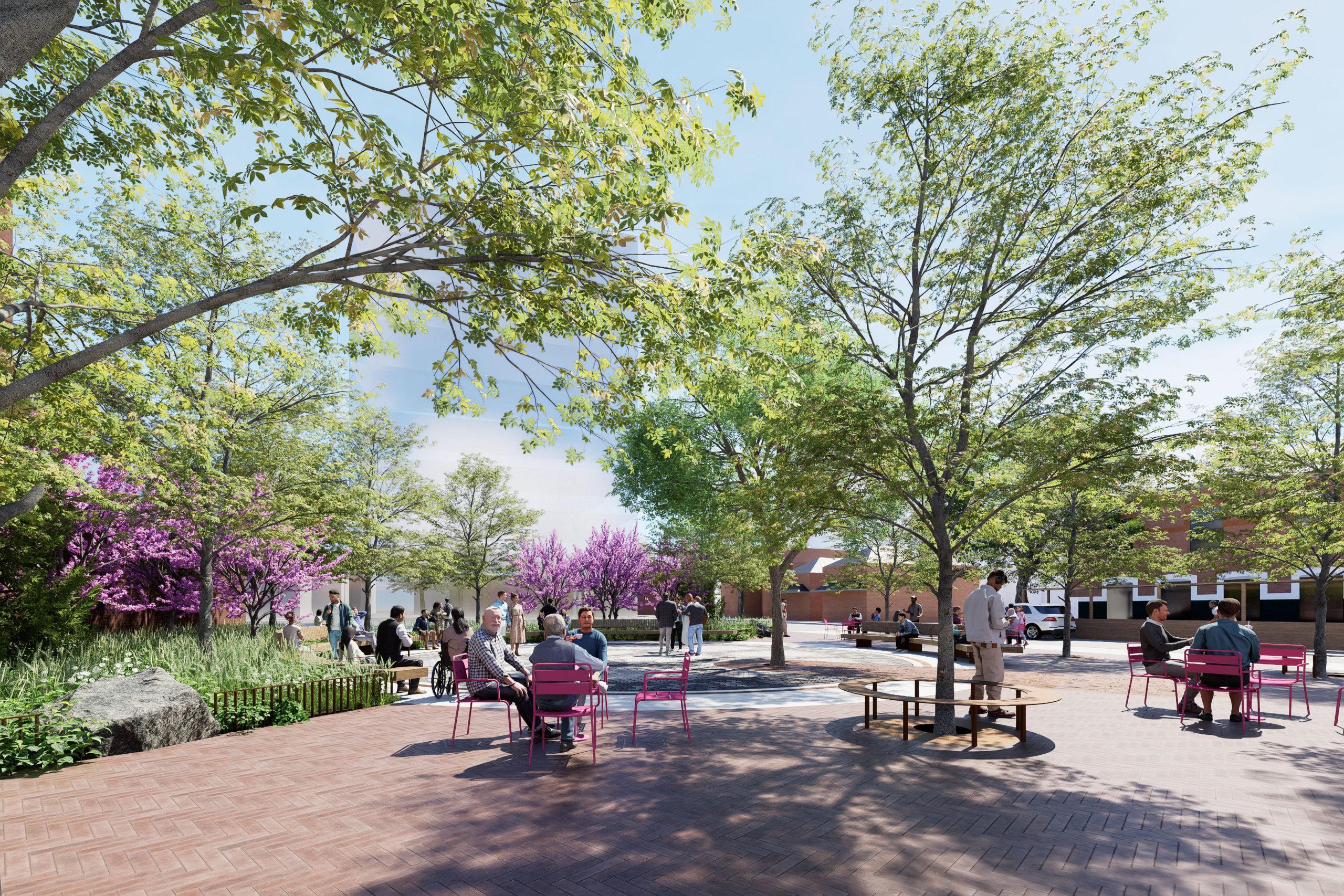 Rendering of the preferred design showing the edge from Queen Street West, with table seating and native trees and plants in the background.