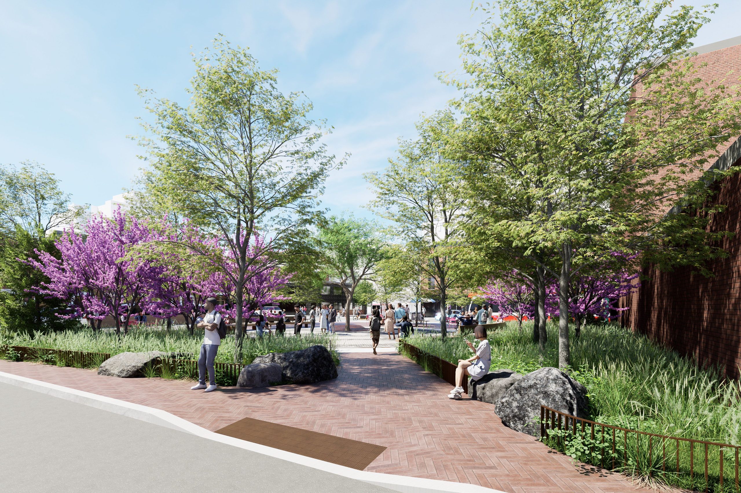 Rendering of the preferred design from the entrance at 15 Denison, including a planting pathway to the centre of the park.